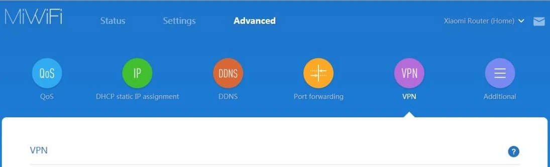 Xiaomi MiWiFi, вкладка Advanced: ряд значков разделов, выбран VPN